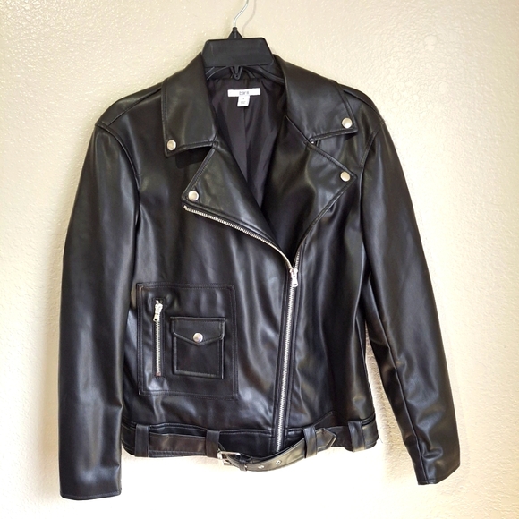 Biker MOTO Grunge Black Bomber Vegan Faux Leather Zip Up Jacket Small - Picture 3 of 9